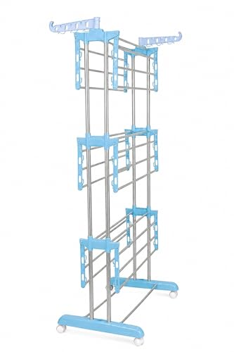 Image of KITCHIVO Premium Clothes Stand for Drying with Wheels | Portable | 3 Layer Rack for Balcony | Foldable Wings | 24 Hanger Rods | Anti Rust Steel Metal (Blue)