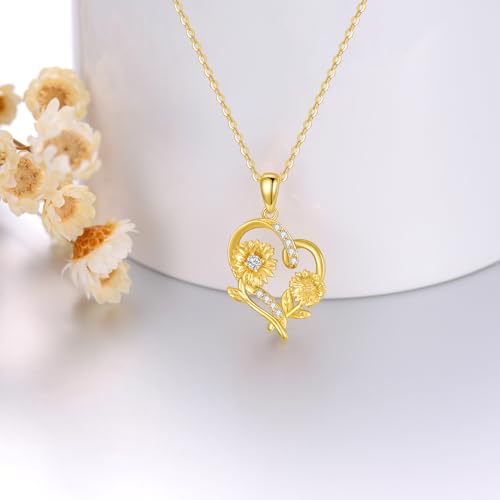 SISGEM 14K Real Gold Sunflower Heart Necklaces for Women,You Are My Sunshine Yellow Sunflower Pendant with Loving Heart Necklaces Jewelry Gift for Her, Gold Chain 18"3