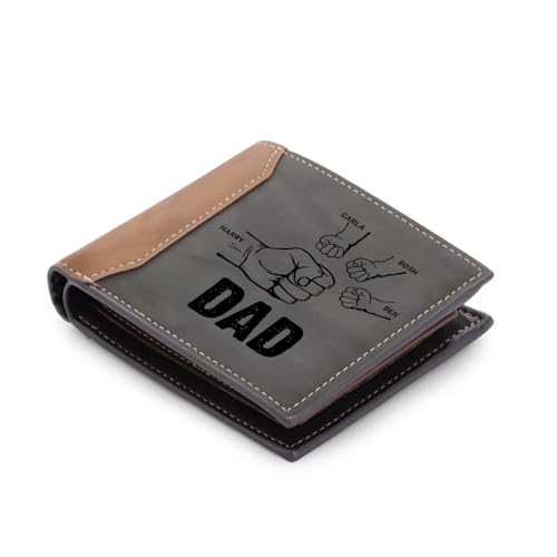 Fathers Day Dad Gifts Personalized Photo Wallet for Men Kids Fist Bump Mens Engraved Leather Wallet Grandpa Husband Birthday Gift from Daugther Son (4 Names)
