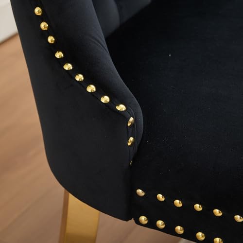 Image of 45.6''Velvet Dining Bench, Button Tufted Upholstered Dining Table Bench with Wing Highback, Nailhead Decoration, Small Loveseat Sofa with Gold-Plated Steel Legs, Mid Century Modern Seating, Black