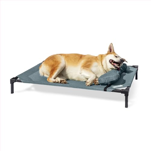 Coolaroo Pro Elevated Dog Bed with HeatShield Fabric Advanced Cooling Raised Cot for Medium & Large Breeds Easy-Clean Low-to-Ground Access Bonus Bolster Pillow Pacific Crest Blue