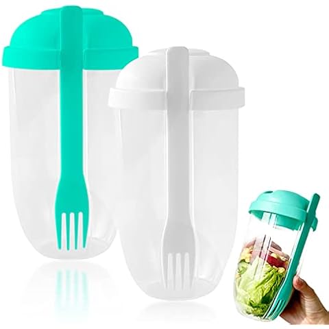Set of 2 Salad Mugs with Fork, Salad Box & Brush; Salad Meal Shaker, Reusable, Portable Fruit and Vegetable Salad Mug Container for Work, School, Camping (White, Green) Cover