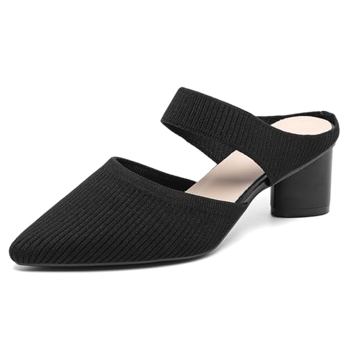 Women’s Knitted Pointed Toe Chunky Heel Mules Fashion Backless Slip On Breathable Heeled Sandals Daily Office Dress Pumps