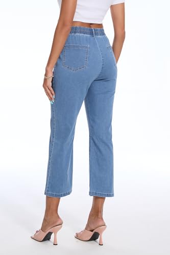 SESERAGI Womens Lightweight Capri Pants Elastic Waist High Waisted Flare Stretchy Summer Cropped Denim Jeans with Pockets4