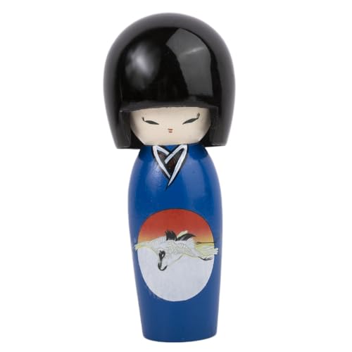 Kokeshi - Kokeshi japonesa longevidad azul 13,5 cm – Muñeca japonesa de madera con kimono pájaro grúa – Figura decorativa japonesa – Kokeshi tradicional Japón – Idea de regalo original asiática