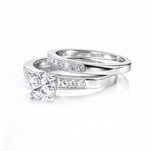 Image of 2-Piece Pave Band Ring Set for Women, 4mm Round Cut CZ Engagement-Style Ring with Matching Band, 18K Gold Plated, Stackable or Wear Separately R41