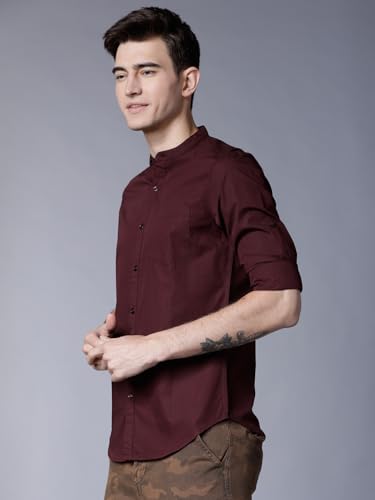 Image of Highlander Men's Slim Fit Casual Shirts | Solid | Long Sleeves | Mandarin Collar | Casual Shirts for Men