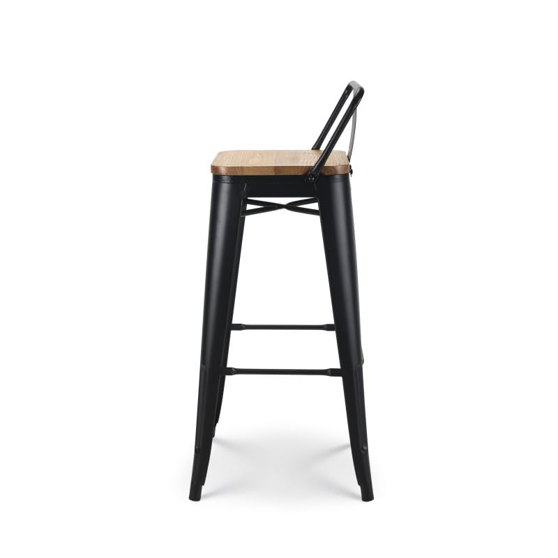 Kosmi - Silla de Bar, Taburete Grande de Estilo Industrial con pequeño Respaldo de Metal Negro Mate y Asiento de Madera Natural Clara, Altura del Asiento 76cm
