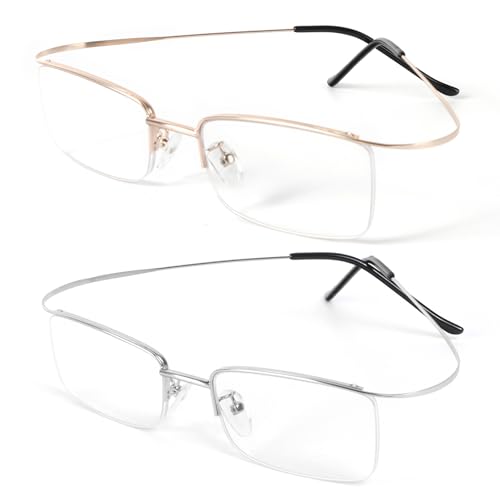DXYXYO 2 Pack Metal Reading Glasses Blue Light Blocking, Men Women Ultra Light Half Frame Readers, 2.5 Gold+Silver