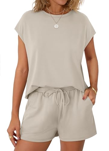 Image of WIHOLL Two Piece Sets for Women Summer Crew Neck Lounge Short Sets Cap Sleeve Drawstring Sweatsuit with Pocket