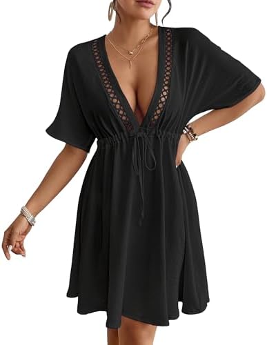 Eddoyee Wome's Swimsuit Coverup V Neck Hollow Out Beach Bathing Suit Flowy Swim Coverup Mini Dress