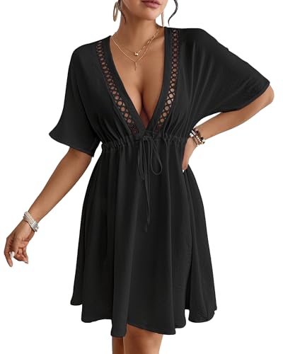 Eddoyee Wome's Swimsuit Coverup V Neck Hollow Out Beach Bathing Suit Flowy Swim Coverup Mini Dress