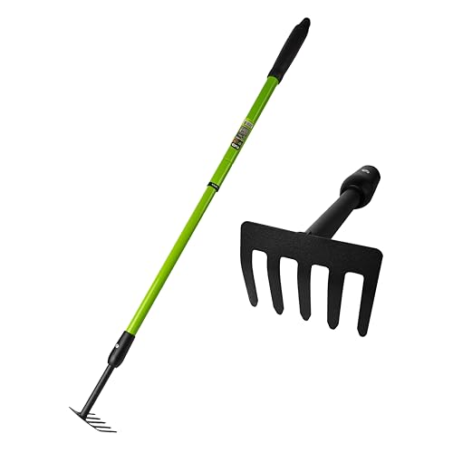 Garden Rake with Telescopic Handle (27-39') Adjustable, Long Handle Small Hand Rake for Gardening Flower Beds & Tight Spaces, 5-Tine Metal Cultivator No Bending Elderly Friendly Weeding Tool