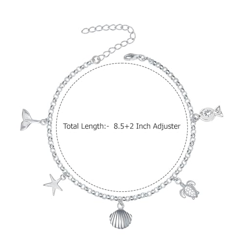 Image of TRUESILVER ACPL 925 Sterling Silver Anklet for Womens | BIS Hallmarked Ocean & Evil Eye Charm Adjustable Anklets Bracelet | Starfish Shell Turtle Anchor Beach Foot Jewelry | 1 Piece