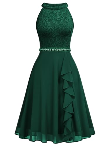 Image of Miusol Women's Halter Neck Lace Ruffle Vintage Cocktail Party A-Line Bridesmaid Dress