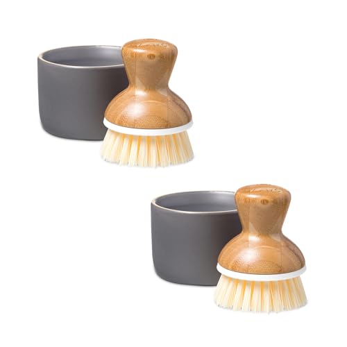 Image of Full Circle Bubble Up- Eco-Friendly Bamboo Dish Brush & Ceramic Soap Dispenser - Natural Scrub Set for Dishes, Cast Iron - Kitchen Cleaning with Handle, Gray - 2 Pack
