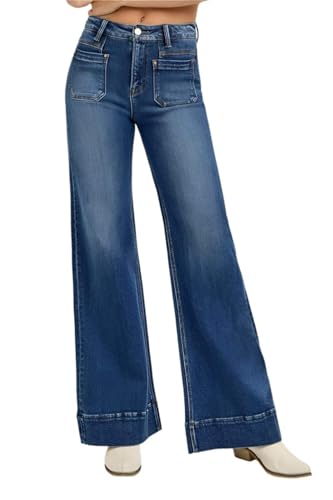 SALT TREE Risen Jeans - High Rise Wide Flare Patch Pocket Jeans - PW21004