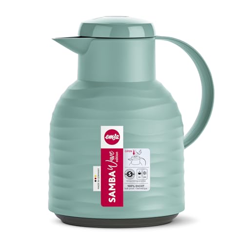 Foto von Emsa Samba Wave Isolierkanne, 1 Liter Fassungsvermögen, Quick Press Verschluss, 100% dicht, 12h heiß und 24h kalt, mit Glaskolben, made in Germany, Puder-Grün, N4010800