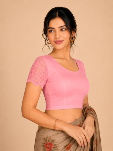 Image of Abhi Cotton Readymade Saree Blouse for Women- Half Net Sleeves, Round Neck, Regular-fit, Stretchable, Pull-on Style Blouse