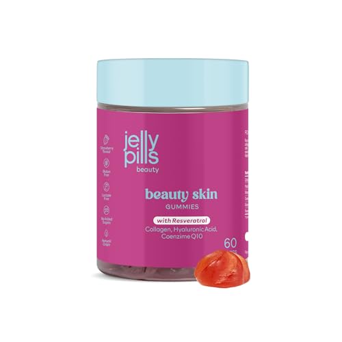 Jelly Pills® Gominolas con 500mg Colágeno Hidrolizado Resveratrol Ácido Hialurónico Coenzima Q10 & Vit. C - Sin azúcares añadidos - 60 gummies sabor Fresa - Retinol para Piel firme y elástica