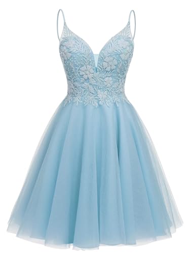 Image of Sparkly Tulle Homecoming Dresses Short Lace Prom Dresses for Teens V Neck Beaded Cocktail Dresses