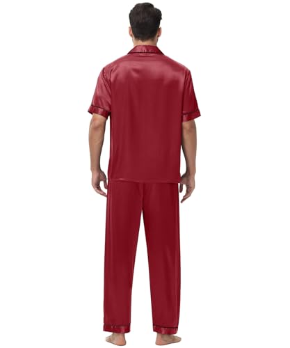 Mens Satin Silky Pajama Sets Short Sleeve Button Down Sleepwear Long Pants Loungewear with Pockets2