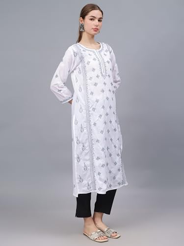 Image of Seva Chikan Hand Embroidered Lucknowi Chikankari Cotton Straight Kurta for Women SCL4567