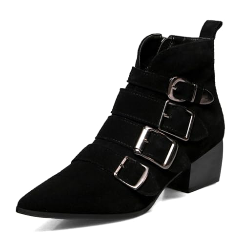 Women’s Ankle Boots Buckle Booties Chunky Low Heels Pointed Toe Side Zippers Shoes Party Working Prom Size 4-16 US