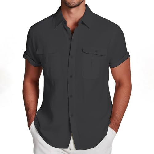 Generico Camisa de hombre masculina Casual Top Shirt Doble Bolsillo Manga Corta Elegante con Botón Formal Vintage Solapa Camisas de Verano Ajuste Regular Algodón Hawaiano Vacaciones Playa Leer, gris