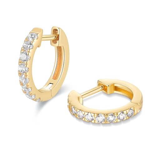 Jewlpire Hypoallergenic 14K Real Gold Plated Over 925 Sterling Silver Huggie Earrings for Women, Small Hoop Earrings Cubic Zirconia Cartilage Hoop Earrings Cuffs for Women
