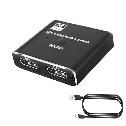 XMSJSIY DisplayPort Switch 8K Bi-directional DP 1.4 Switcher 1 in 2 out / 2 in 1 out High Speed Splitter DP Switch Converter Supports 8K@30Hz 4K@120Hz for PC Monitor Laptop HDTV