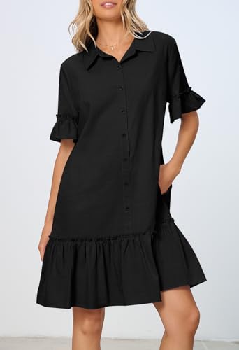 MEROKEETY Women's Summer Button Down Shirt Dress Casual Ruffle Sleeve Shift Mini Dresses with Pockets3