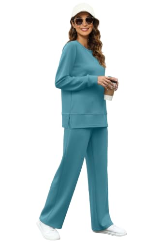 Image of OFEEFAN Women's 2 Piece Lounge Set Travel Airport Outfits Side Slit Tracksuit Wide Leg Loungewear Baggy Comfy Sweatsuit S-3XL