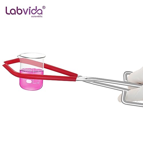 Labvida Labs Beaker Tongs, Red Rubber Coated Ends, Nickel Plated 1/4" Steel, for 50mL - 2000mL Capacity, Durable Beaker Clip Pliers Tool Used in Laboratories and Household