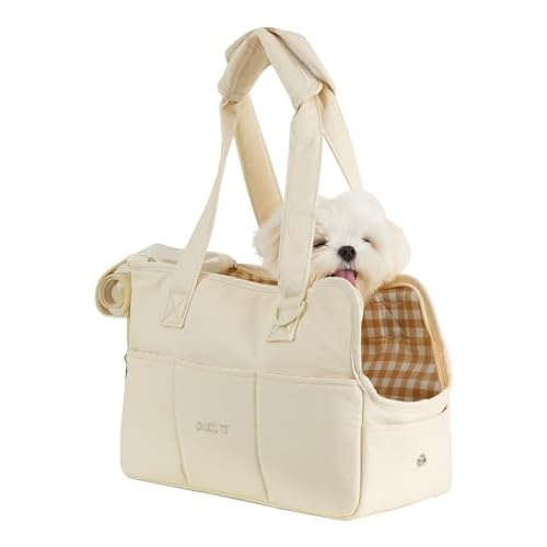 Dog Carrier for Small Dogs Rabbit cat with Large Pockets, Cotton Bag, Dog Carrier Soft Sided, Collapsible Travel Puppy Carrier (Beige, 13.6″ L x 6.5″ W x 10″ H)