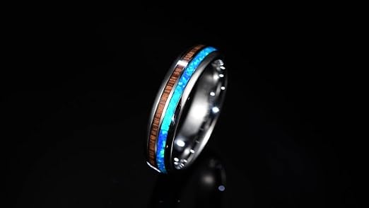 VAKKI Men's & Women's Tungsten Carbide Wedding Band With Hawaiian Koa Wood & Blue Opal Inlay - 6mm Or 8mm Width, Size 6-14 - View #5