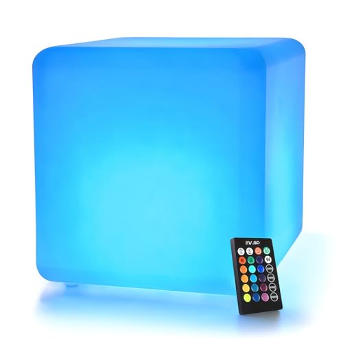 Mr.Go 12" Rechargeable Night Light Glowing LED Cube Stool, 16 Static Colors, 8 Dimmable Brightness, Colour Change Mood Light Rgb Cube Table Waterproof Garden Light with Remote for Indoor Outdoor Decor