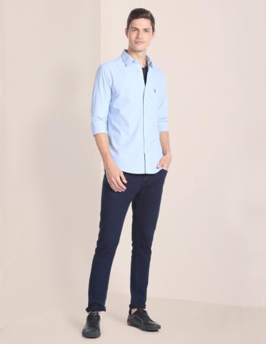 Image of U.S. POLO ASSN. Men's Blue Solid Spread Collar Collared Neck Full Sleeve Casual Cotton Regular Fit Shirt