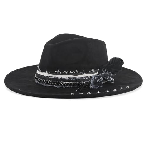 JERRCHEEZUNA Brim Fedora Hat for Men Women Felt Handmade Boho Western Suede Panama Hats M-L Black