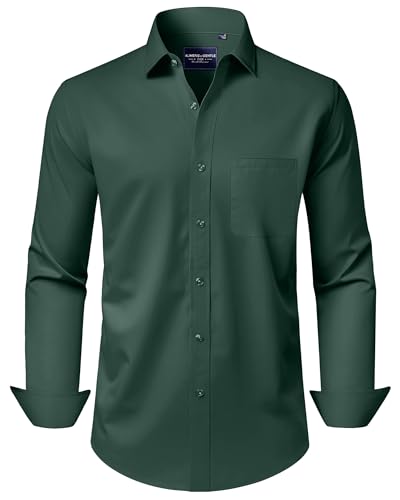Alimens & Gentle Dark Green Mens Button Down Shirt Wrinkle Free Stretch Classic Button Up Shirt Travel Conference Dress Shirt