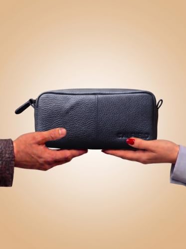 Image of Calfnero Genuine Leather Toiletry Bag for Men & Women | Premium Leather Travel-Pouch | Toiletry Organizer | Cosmetic & Shaving Kit Bag | Unisex Travel Dopp Kit (Navy)