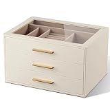 pickpiff Jewelry Box Organizer Case for Women: 3-Layer Jewelry Storage Case with Glass Window, Ivory Leather with Pink Velvet, Holder for Ring Necklace Bracelet Brooch Watch, Great Gift for Her
