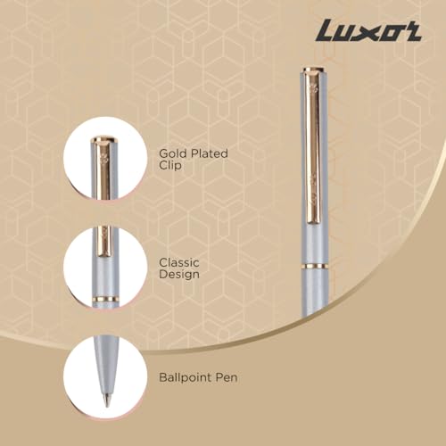 Luxor Royale, Ikon, Ball Pen, Pack of 1, Metallic Shiny Silver Body, Ink Colour- Blue, Gold Trim, Stylish Clip, Sleek & Elegant, The Ultimate Choice For Professional Gifting