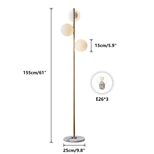 Image of BOKT Modern 3-Lights Globe LED Floor Lamp Mid Century Brushed Gold Tall Standing Light Frosted White Glass Sphere Standing Lamp Traditional Anti Brass Corner Freestanding Lamp