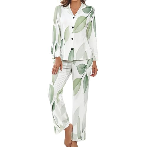 Pyjama pour femme grande taille avec haut feuilles aquarelles modernes vert foncé