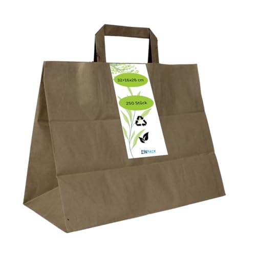 Enpack - 250 sacchetti di carta marrone con manico - Sacchetti regalo per piccoli regali 32+16x26 cm - Sacchetti di carta kraft - Sacchetti di carta marrone - Sacchetti regalo di carta da riempire