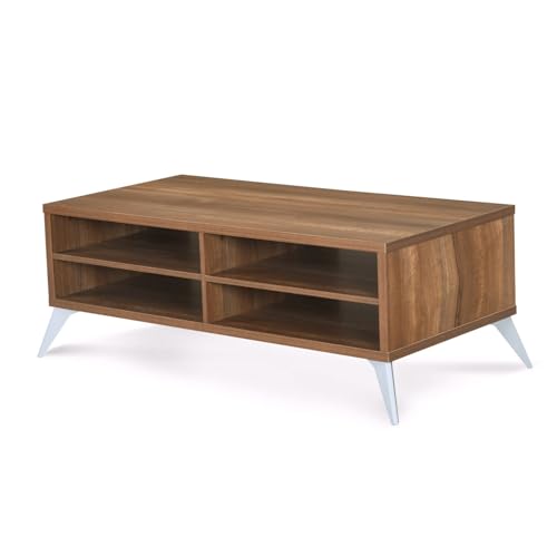 Image of Nilkamal Trixie Center Table | Wooden Coffee Table for Sofa Set | Tea Table with 1 Surface Top and 4 Shelves | Open Storage Organizer for Living Room, Office | Oak