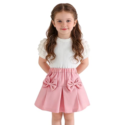Image of 2-7Y Toddler Girl Skirt Set Kid 2Pcs Outfits Puff Short Sleeve Top Pleated Skirt with Bowknot Spring Summer Clothes