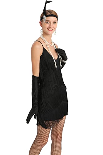 Women 1920s Gatsby Flapper Dress Sexy Open Back Strap Fringed Cocktail Party Dress with 20s Accessories3