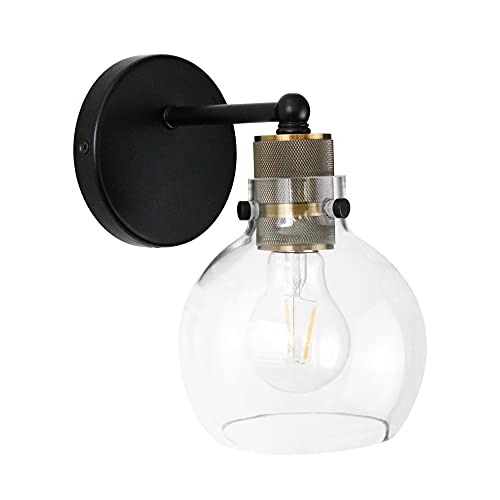 Image of MONKFISH Modern Industrial Wall Sconce Light with Glass Globe Shade, Black & Brass Wall Lamp Fixture for Bathroom, Bedroom, Hallway & Living Room, E26 Socket, UL Listed
